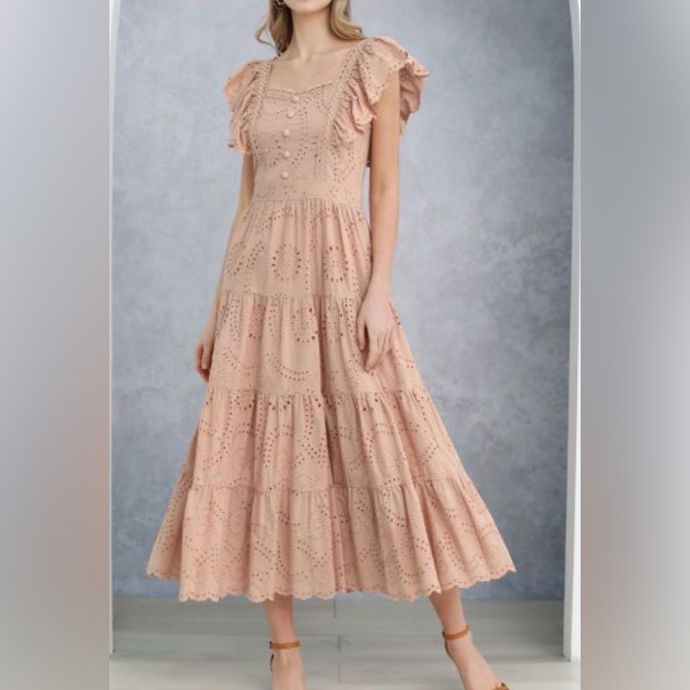 Ariel Tesoro Sweetheart Neckline Eyelet Embroidery Maxi Dress Beige Brown Sz 4